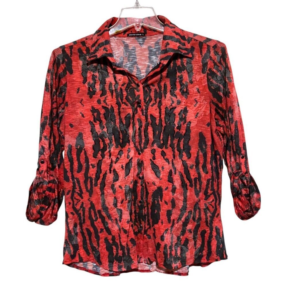 david cline Crushed Roll Tab Shirt L Animal Print Snaps McBling Y2K "Chili" USA